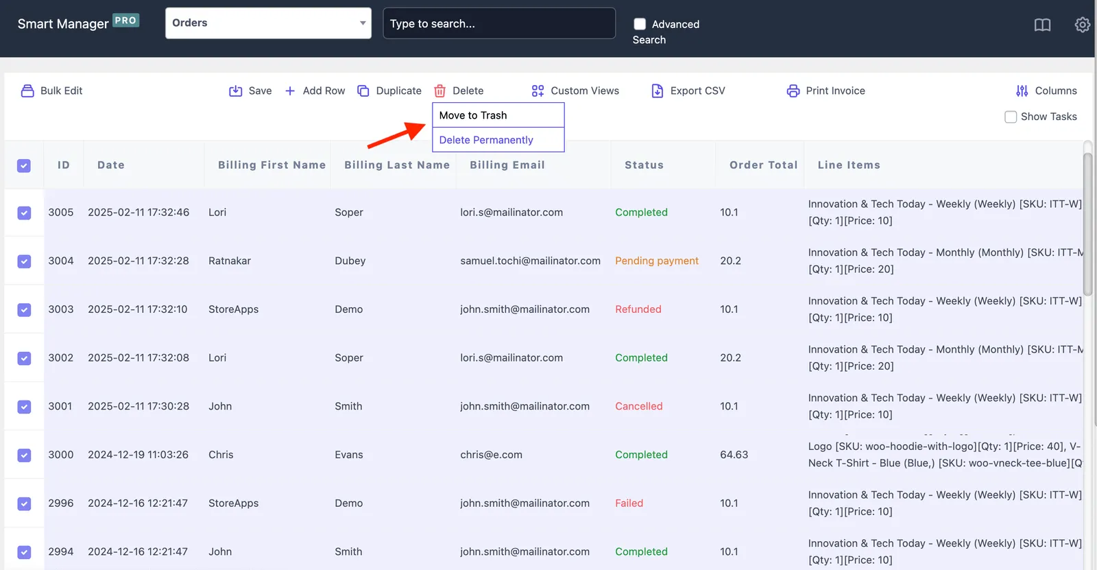 WooCommerce bulk delete orders using Smart Manager
