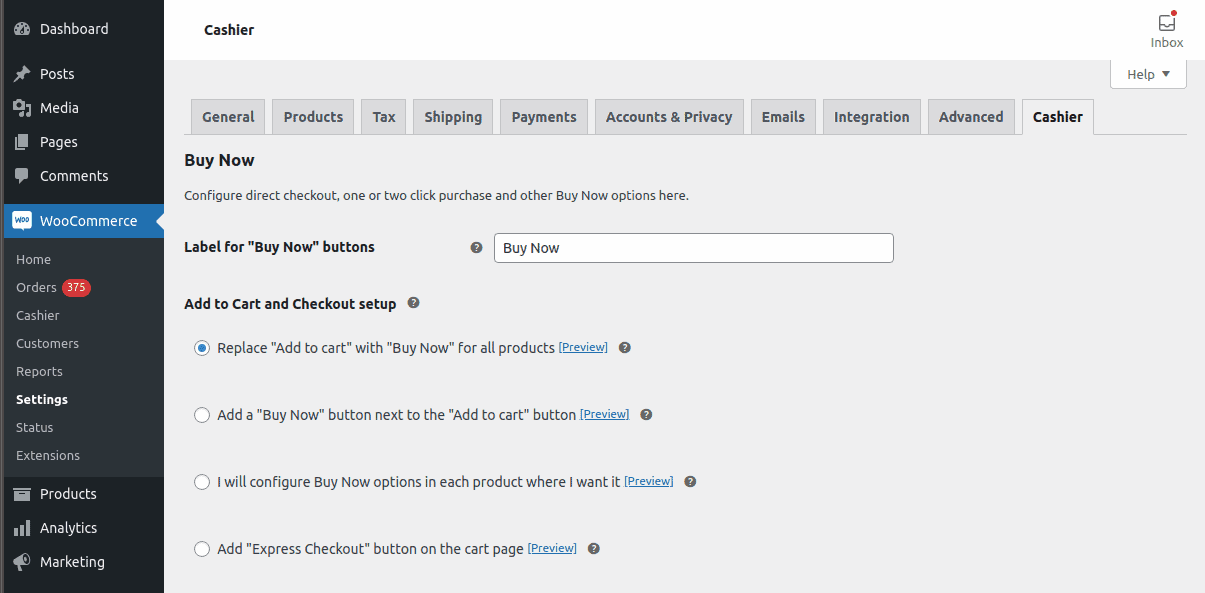 direct checkout for entire store setting