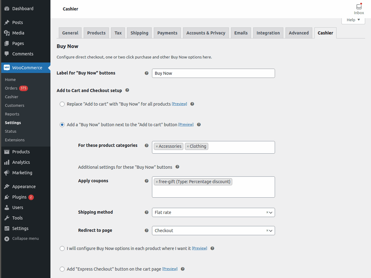 direct checkout for product categories setting