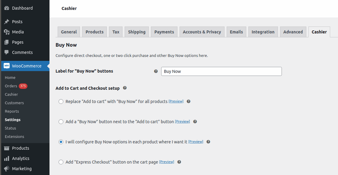 direct checkout for specific products setting