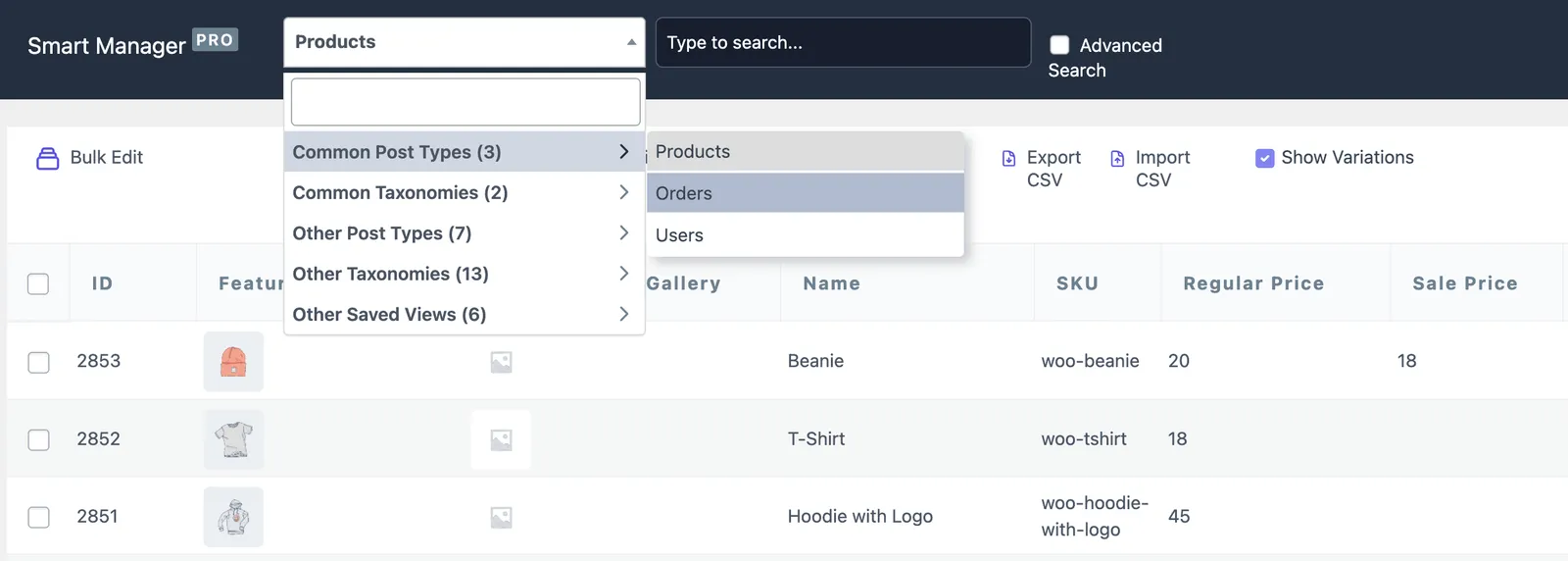 select Orders post type