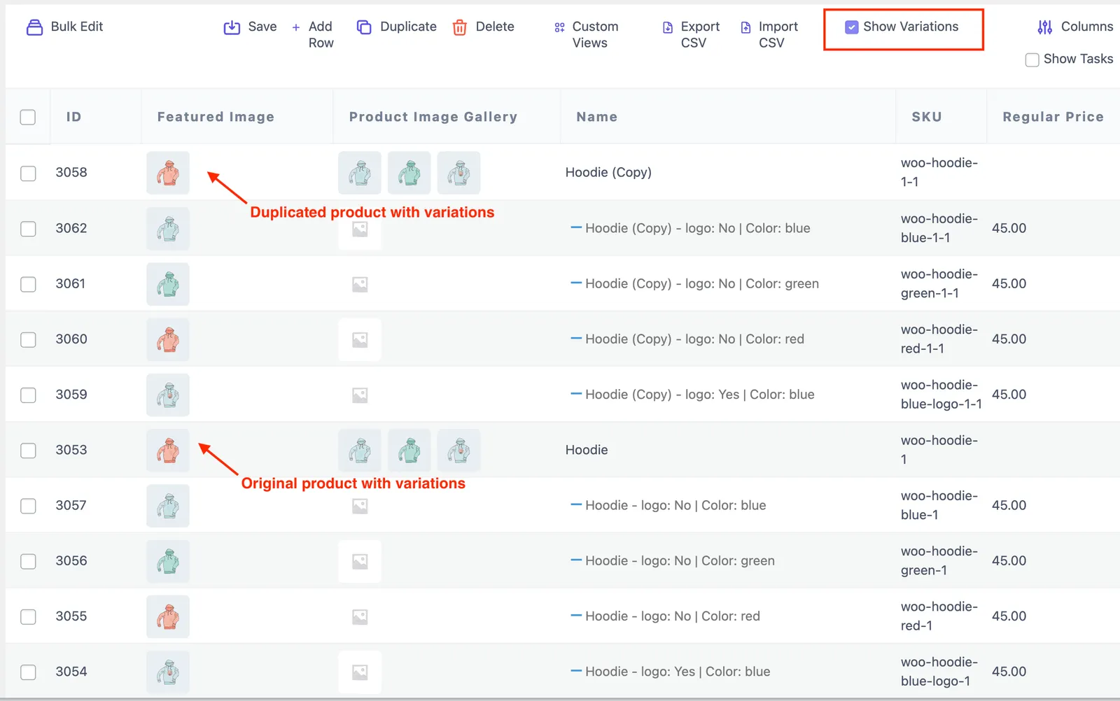 Duplicate variable product
