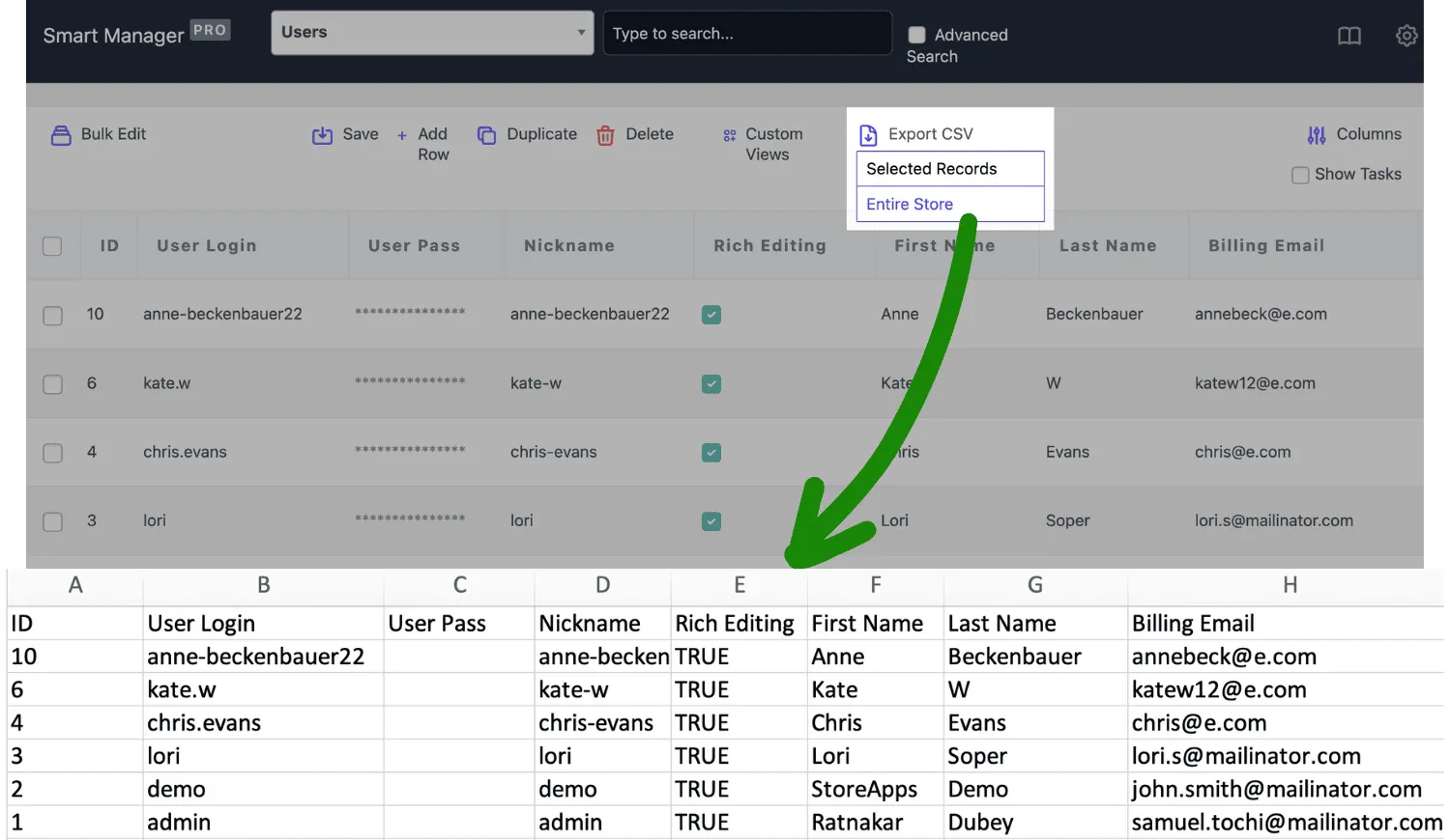 Export all customers and users data