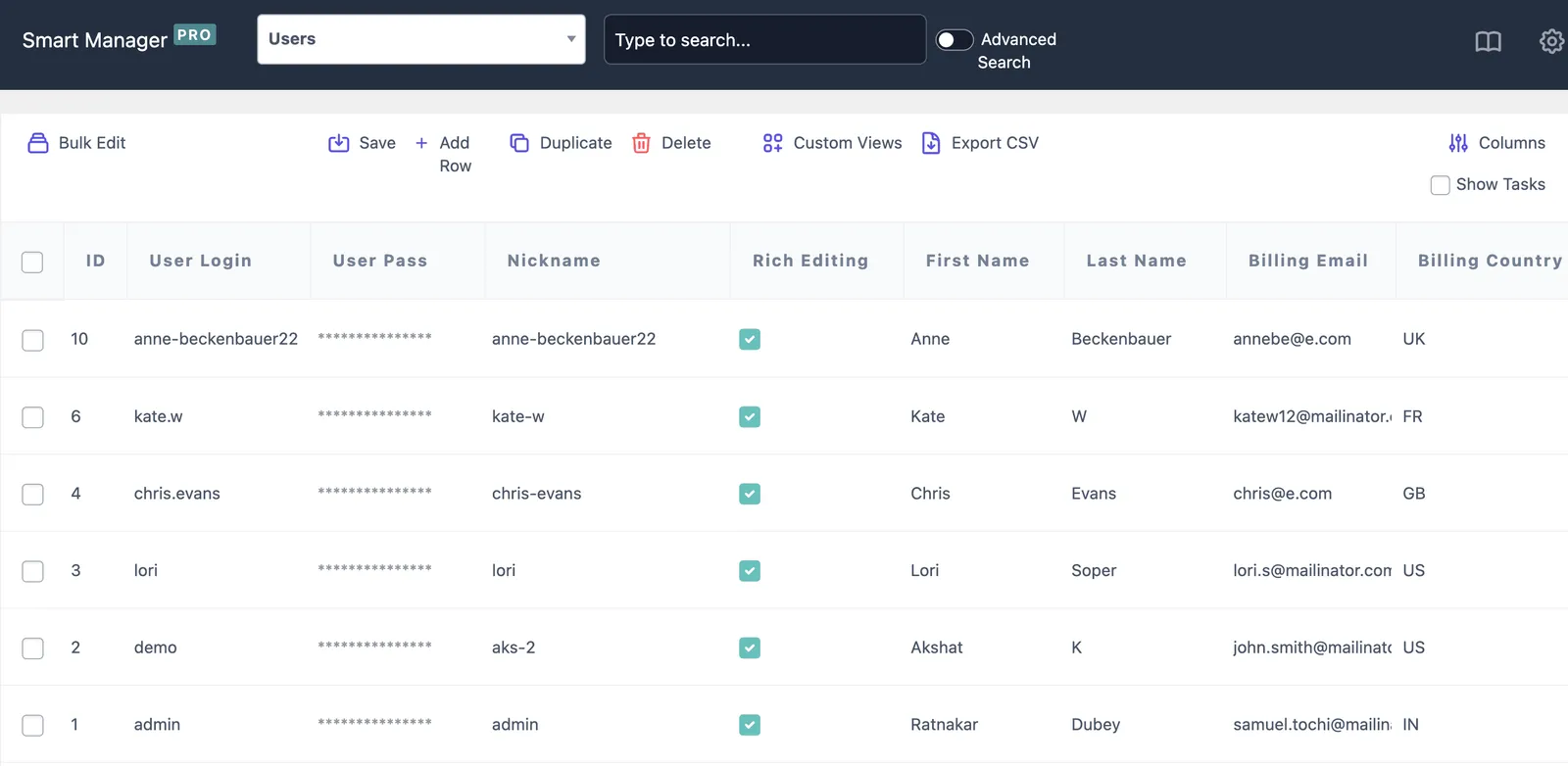 Smart Manager Users and Customers dashboard