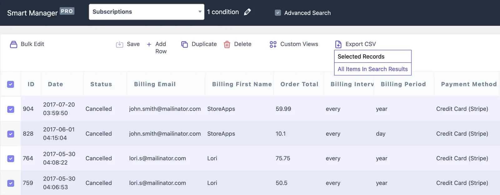 export cancelled subscription