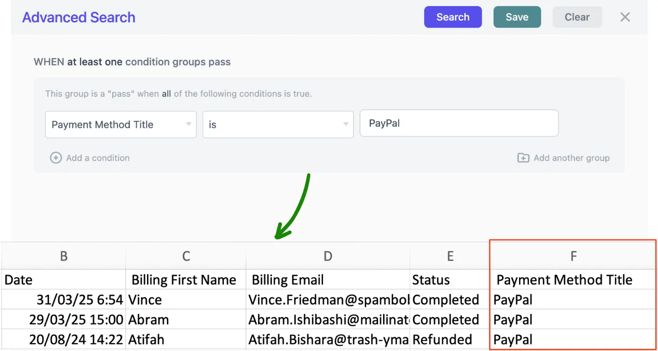 export orders by payment methods