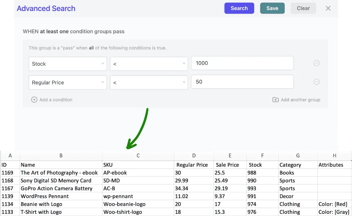 export products by price stock