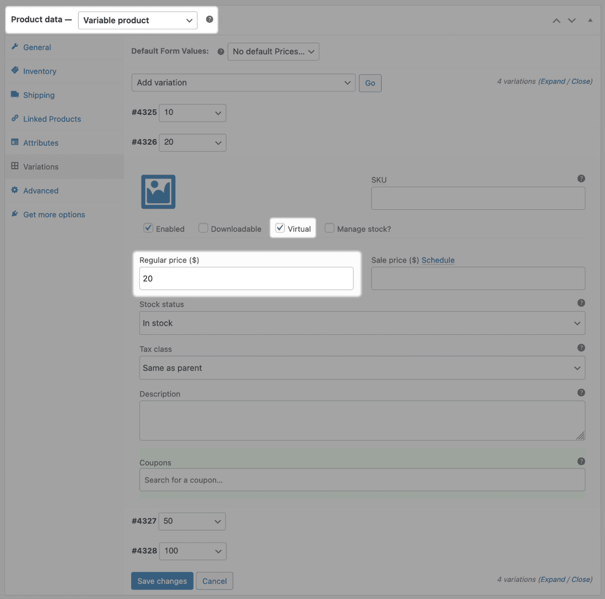 create WooCommerce gift card variation
