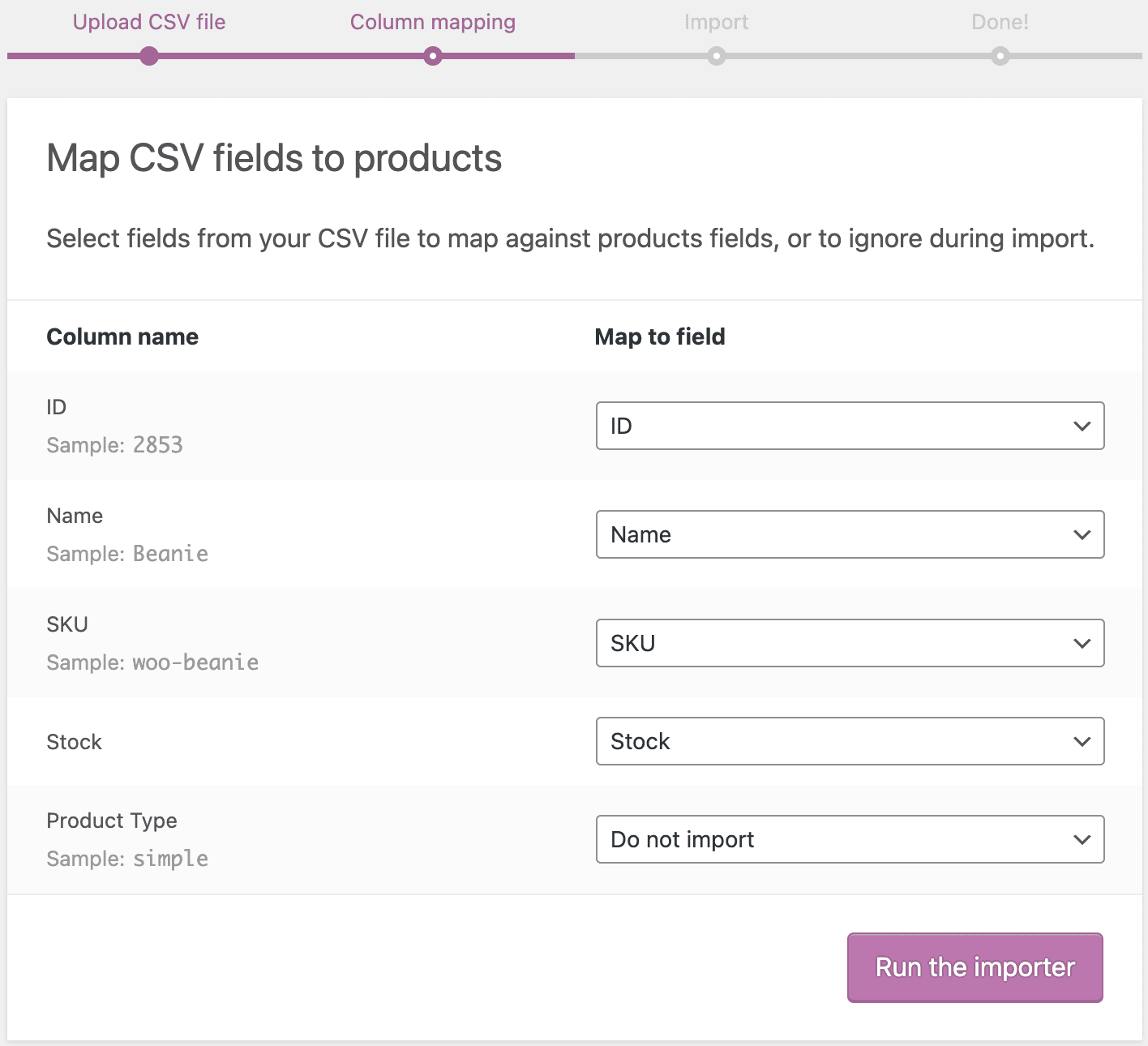 import products column mapping