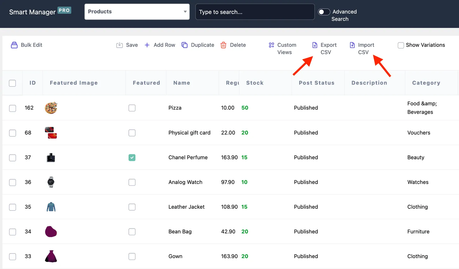 WooCommerce import export products with Smart Manager