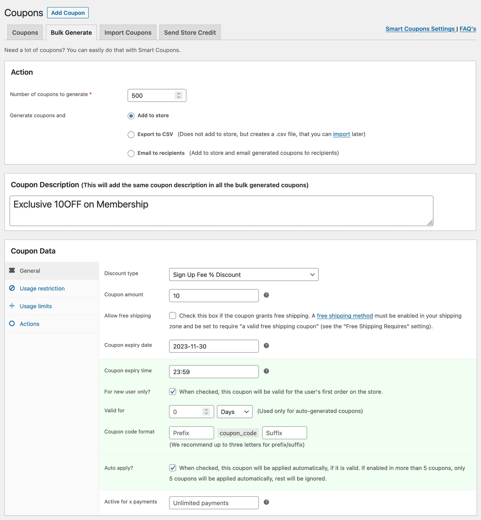 bulk generate coupons for membership product