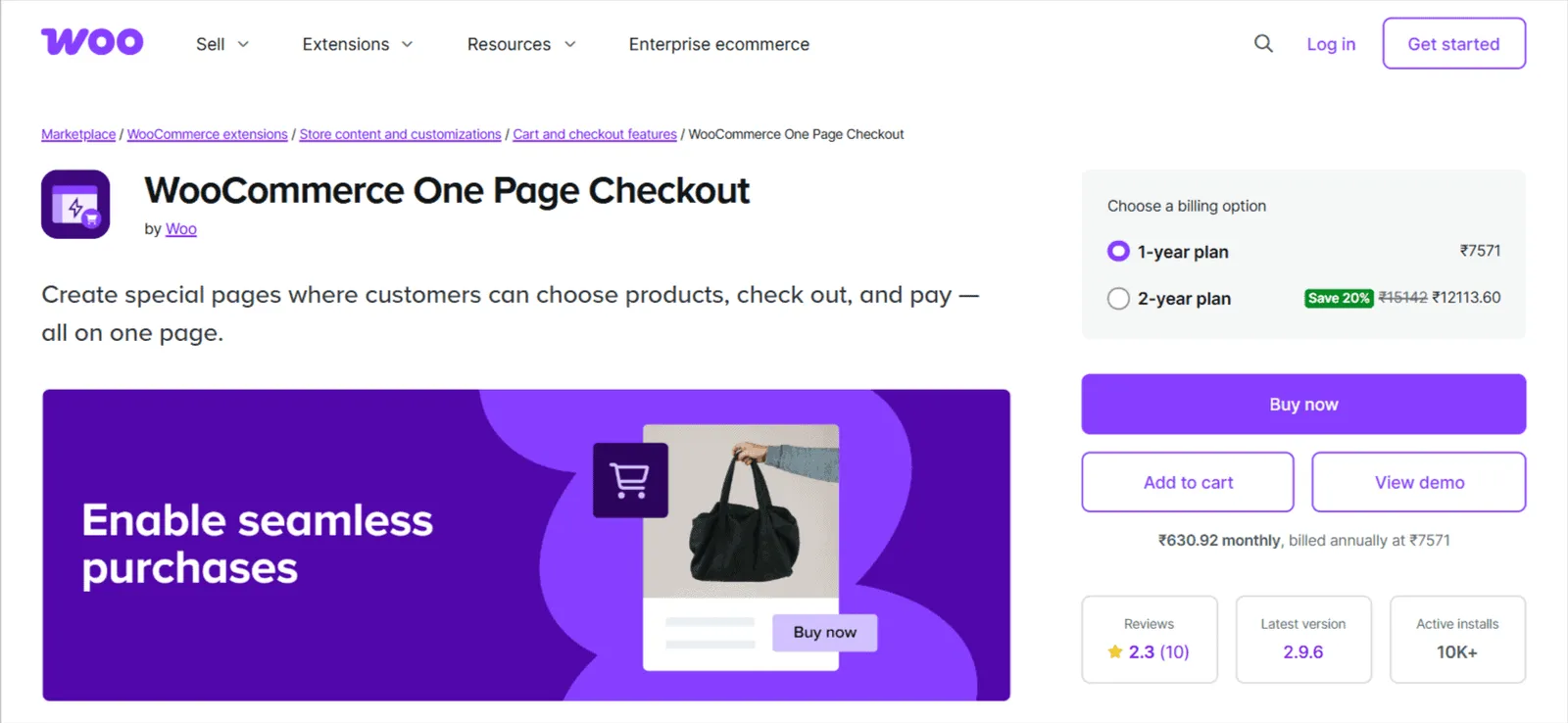 WooCommerce One Page Checkout listing with 1-year and 2-year billing options, a 2.3 rating from 10 reviews and 10K+ active installs