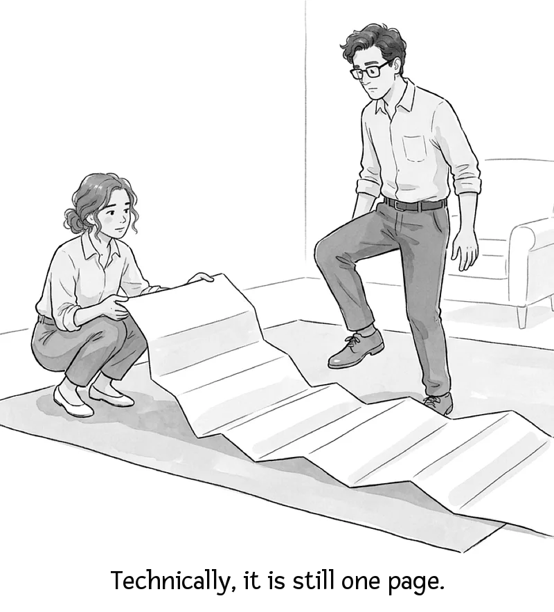 Dana holds a gigantic unfolded page on the living room rug as Theo steps over it