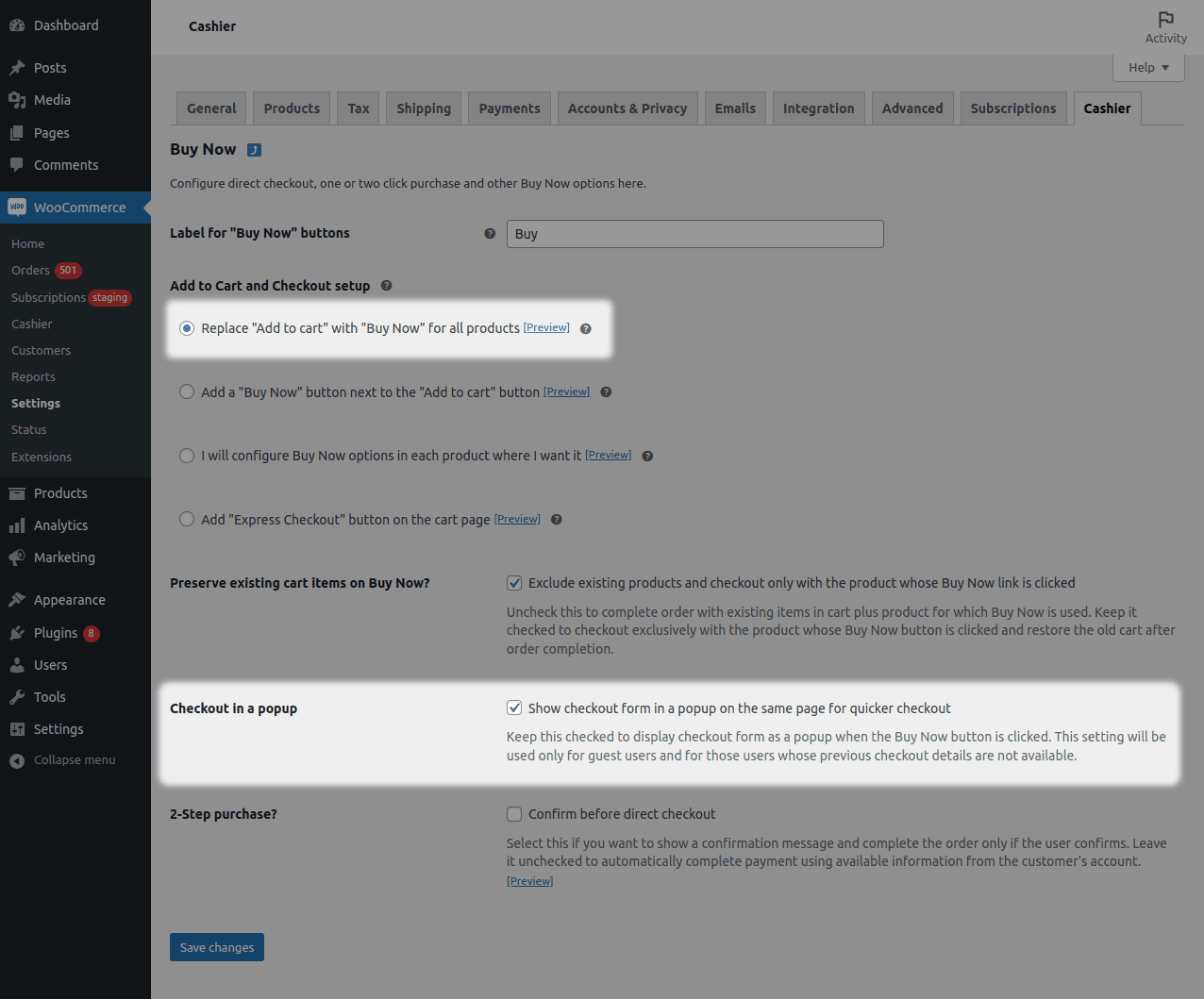 Enable WooCommerce popup checkout option