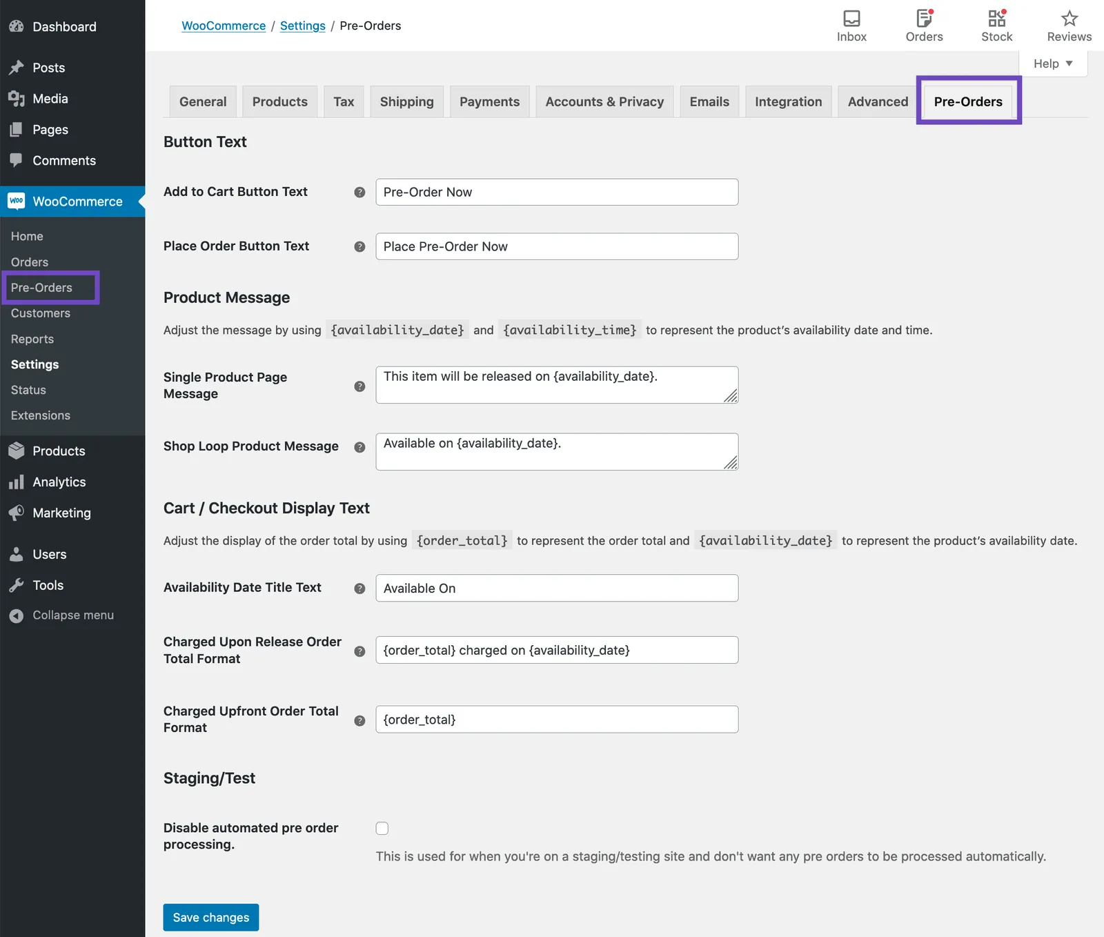 WooCommerce pre-orders settings