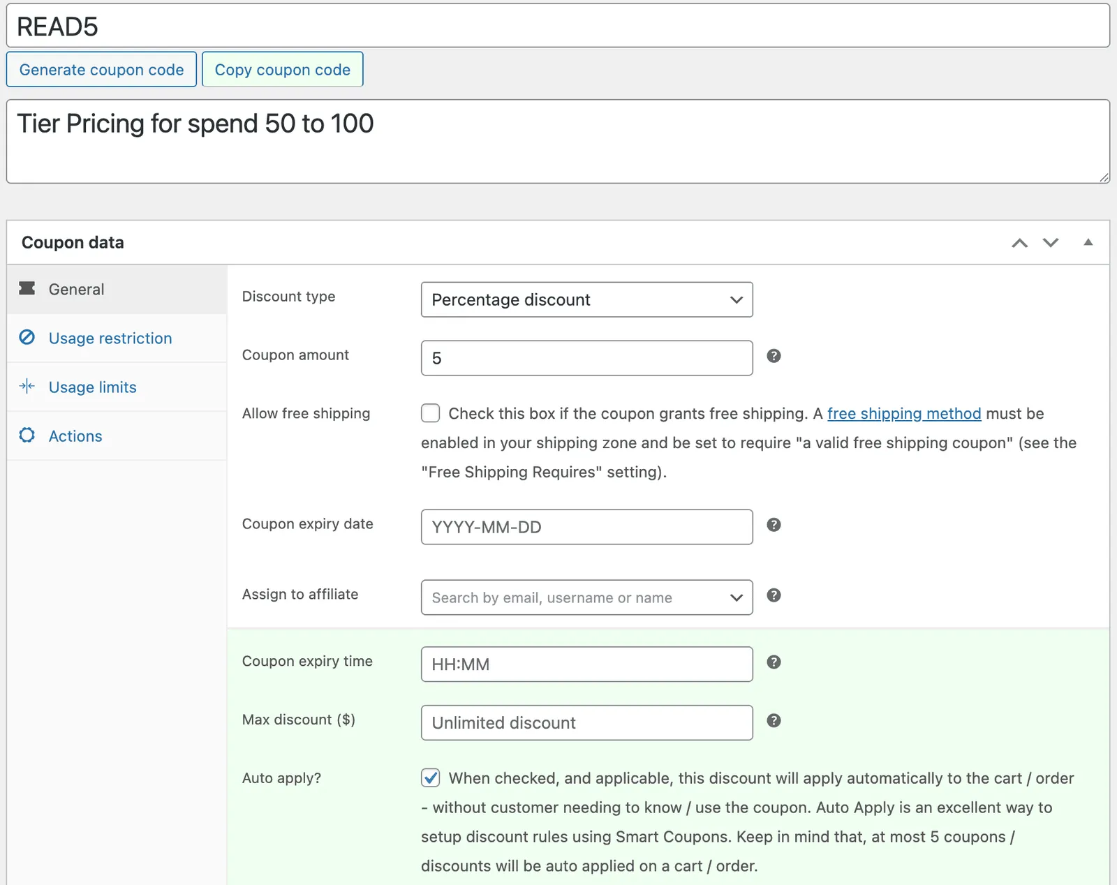 tier pricing coupon set to auto apply