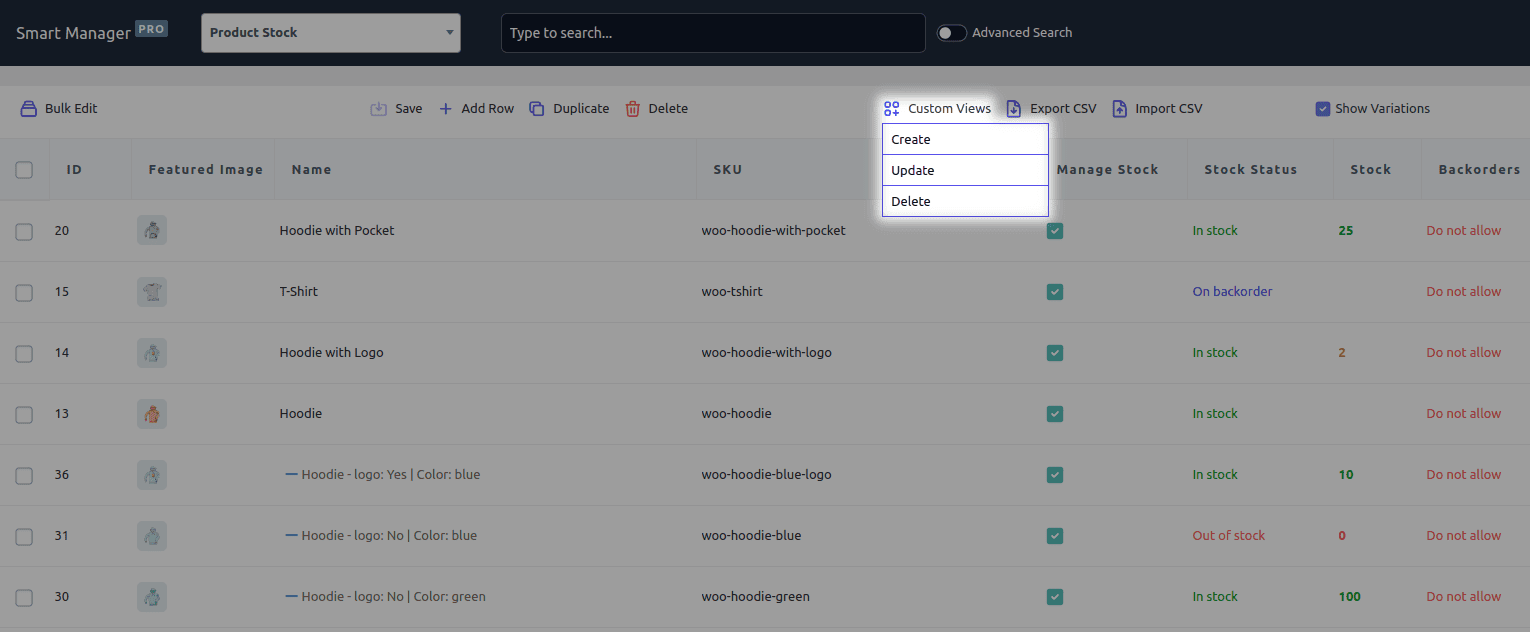 manage custom views
