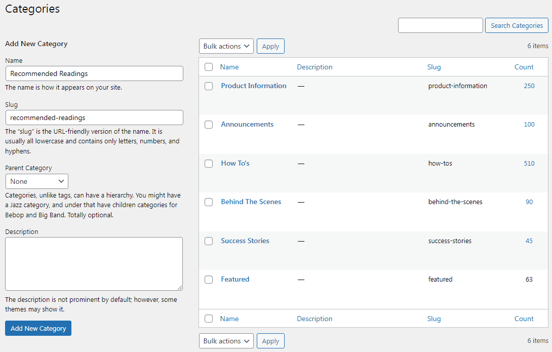 WordPress blog post categories example