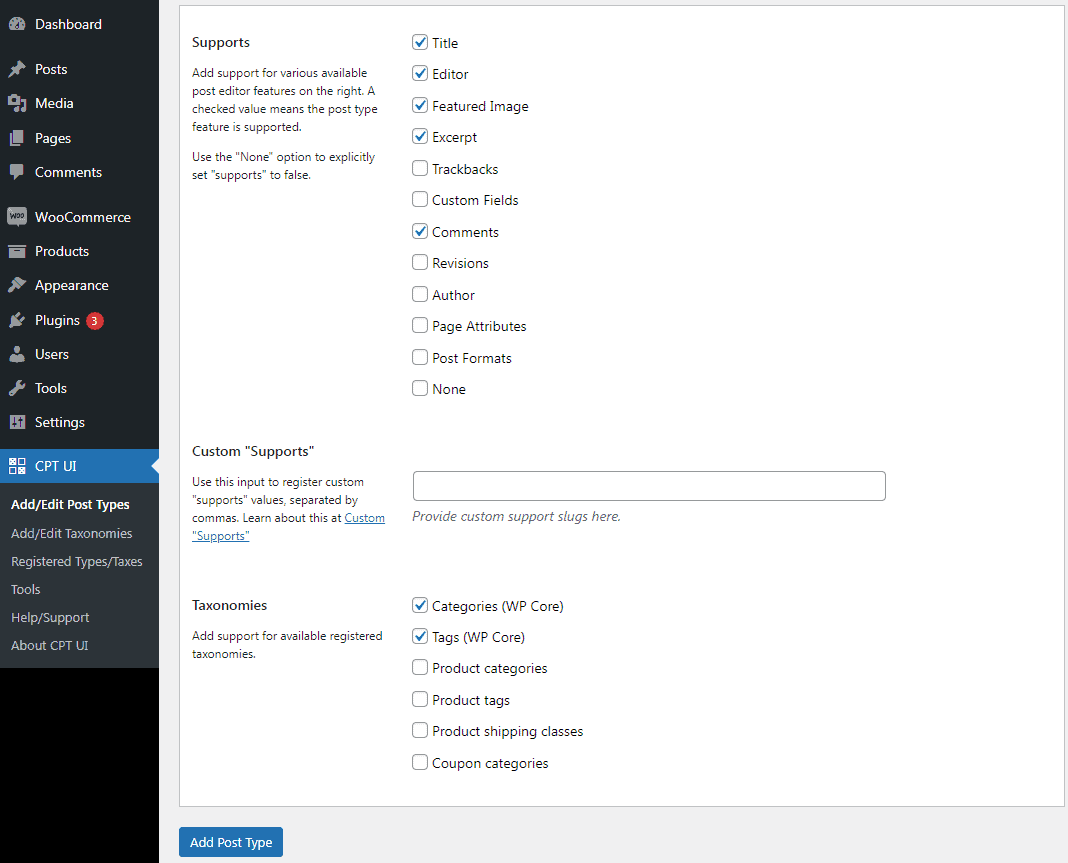 custom post type editor features