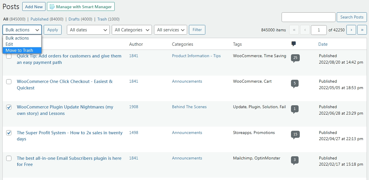 Bulk delete WordPress posts using the default WordPress Bulk Actions option
