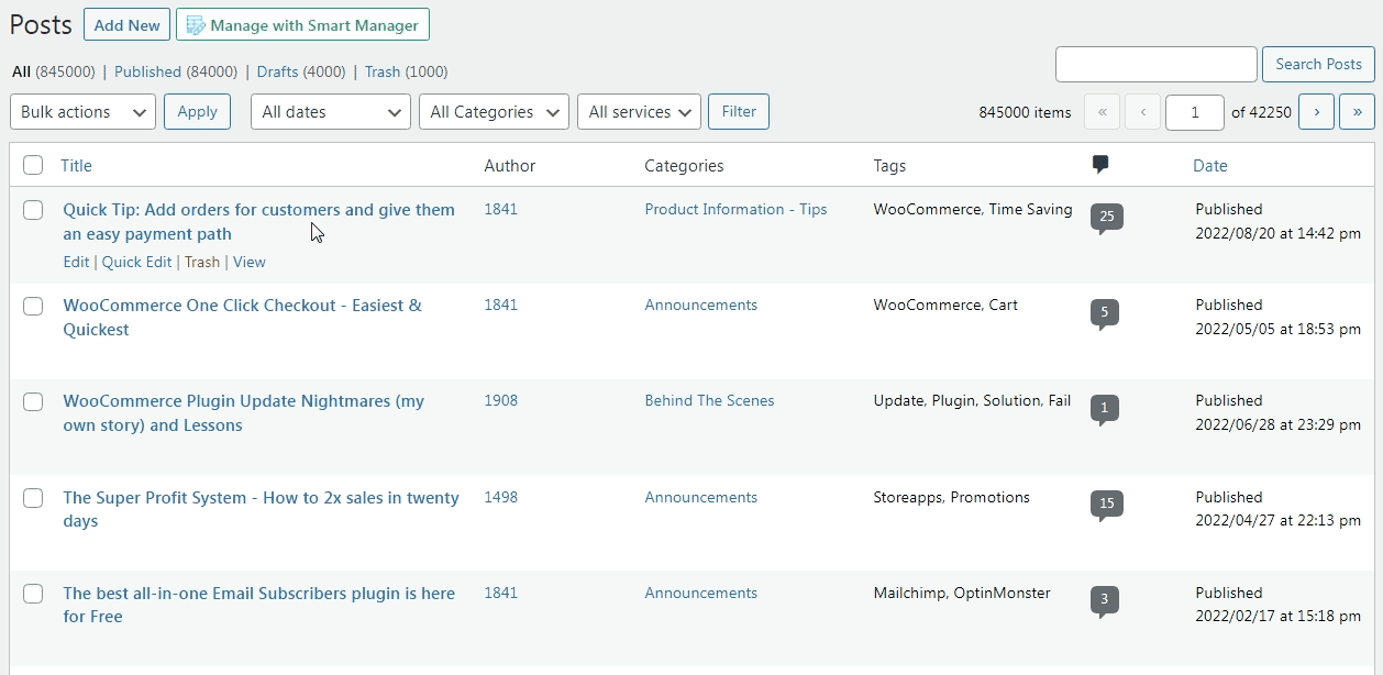 Delete a WordPress post from the Posts screen
