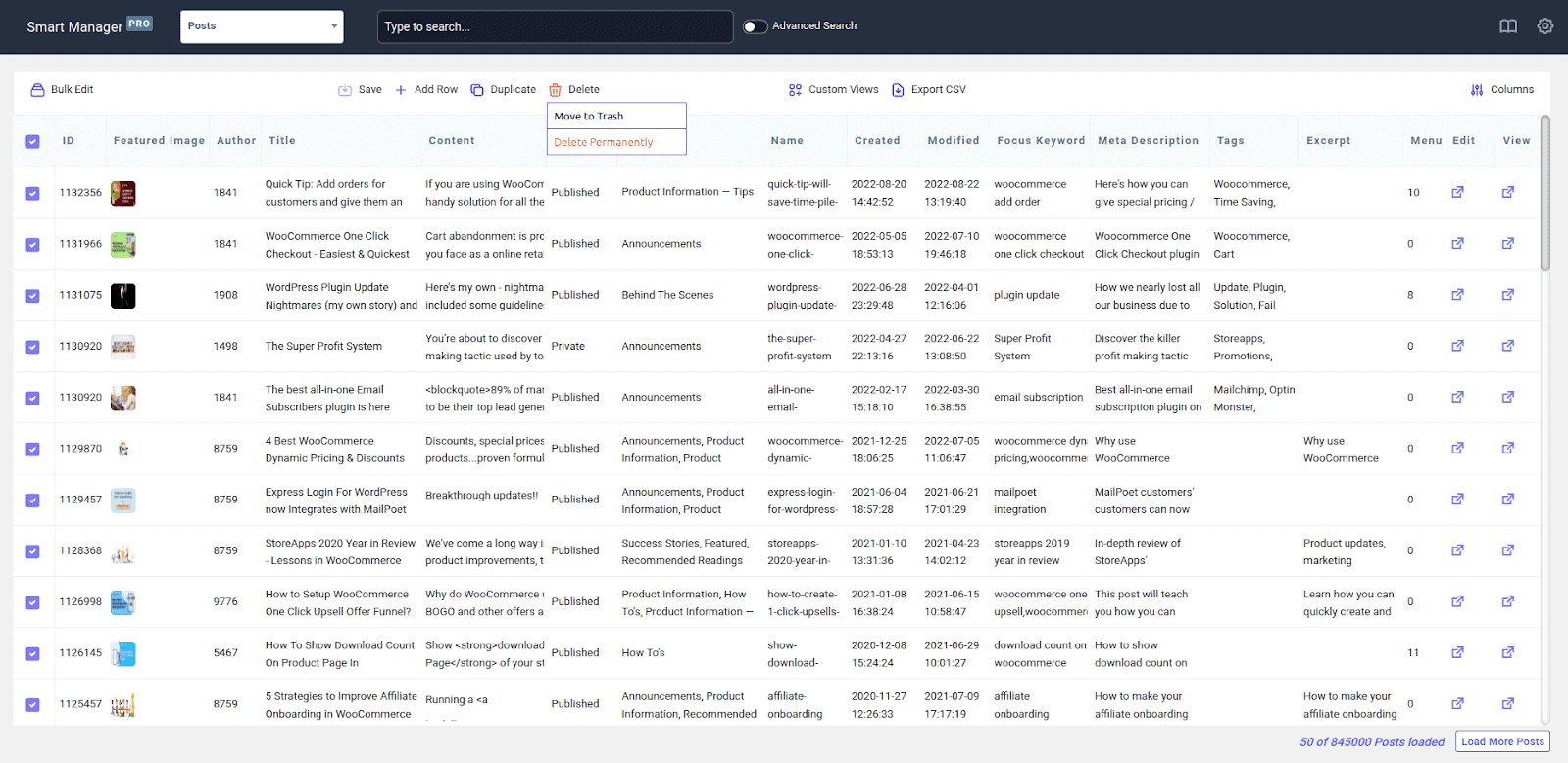 Smart Manager spreadsheet interface for managing WordPress posts and pages