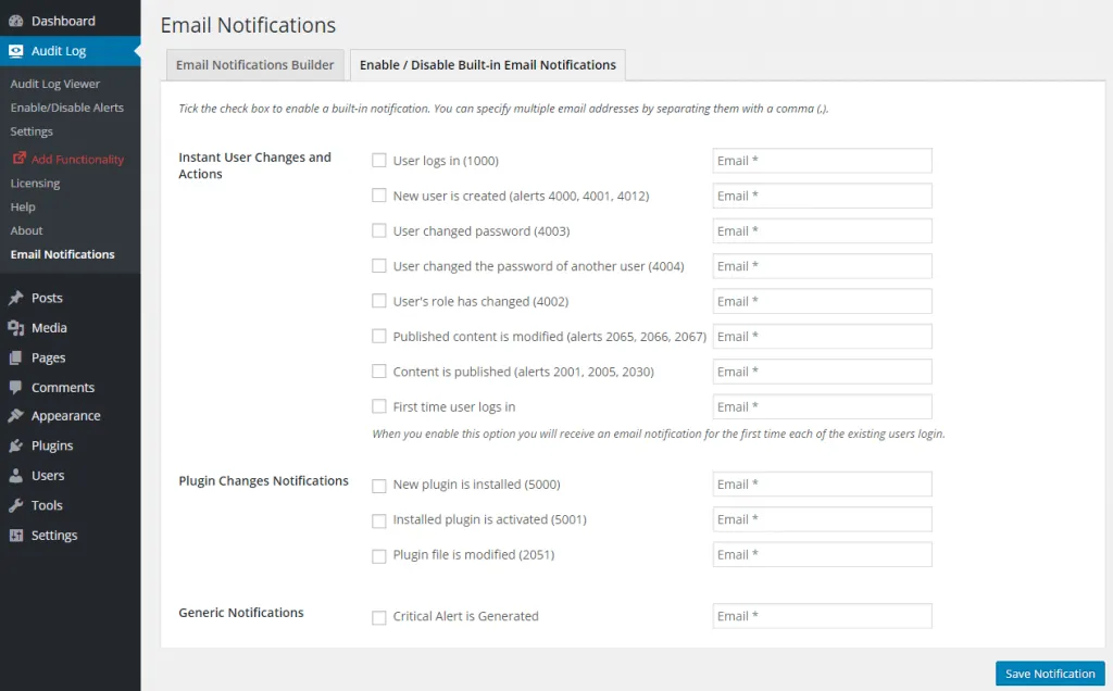 WP Activity Log email notifications