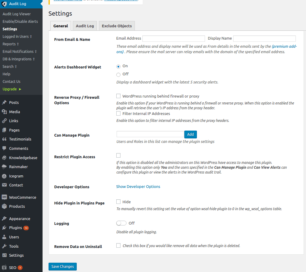 WP Activity Log general settings