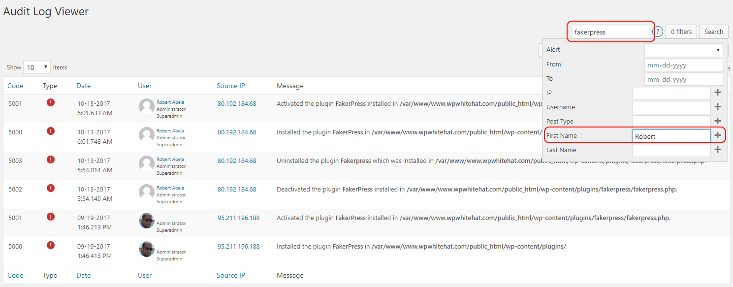 WP Activity Log search