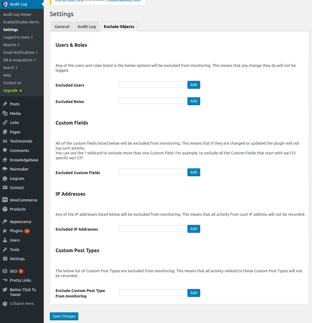 WP Activity Log settings exclude