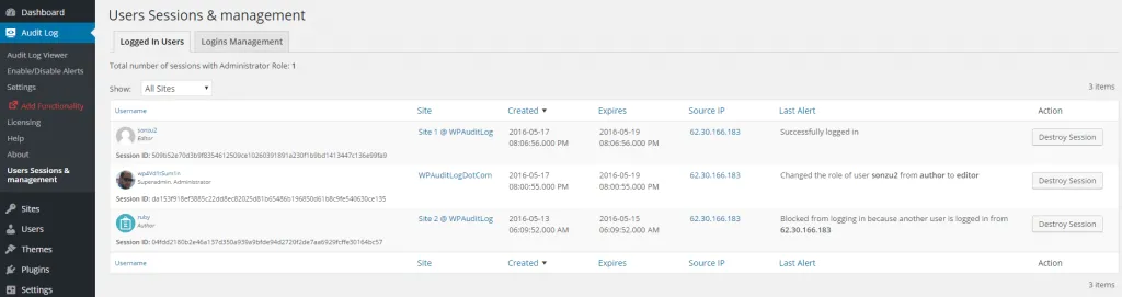 WP Activity Log user sessions management