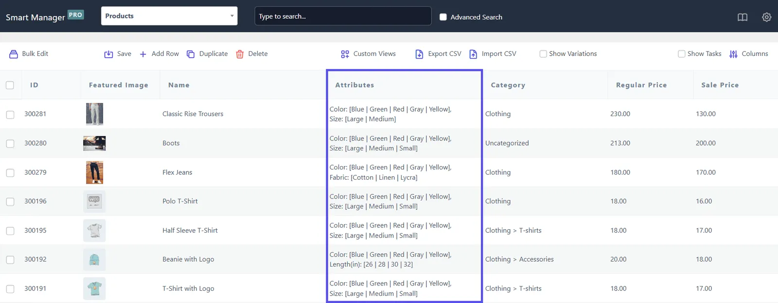 smart manager bu product attributes grid view