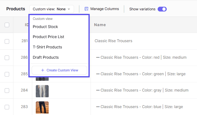 smart manager custom views dropdown