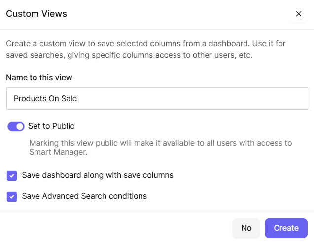 smart manager custom views modal