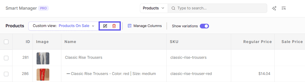 smart manager edit/delete custom view