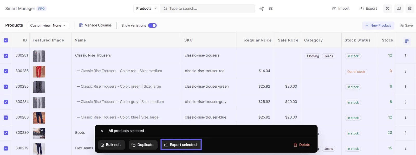 smart manager select records to export