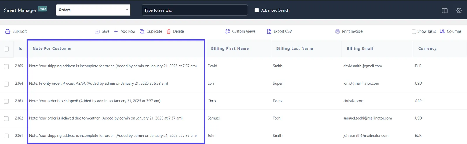 Manage WooCommerce orders ‘Note to Customer’ field