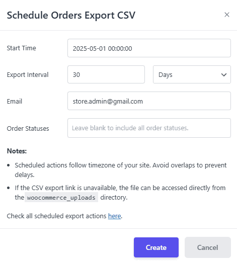 Schedule Export CSV Dialog