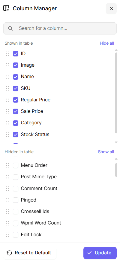smart manager column manager panel