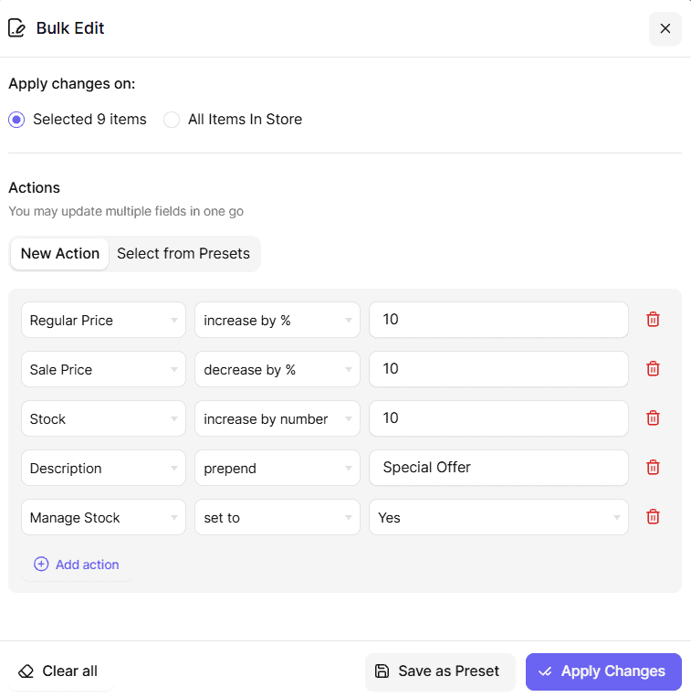 Choose the fields, actions and values to bulk edit selected records in Smart Manager