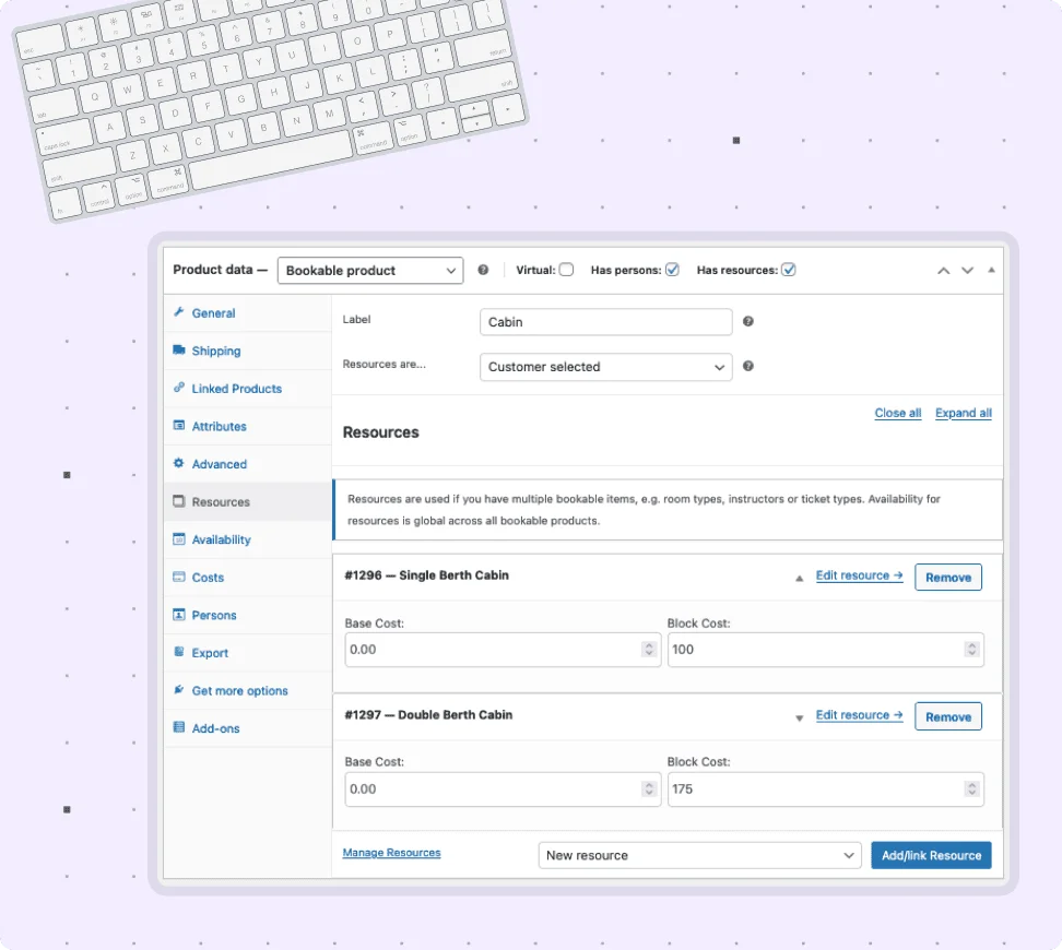 add resources to bookable product 