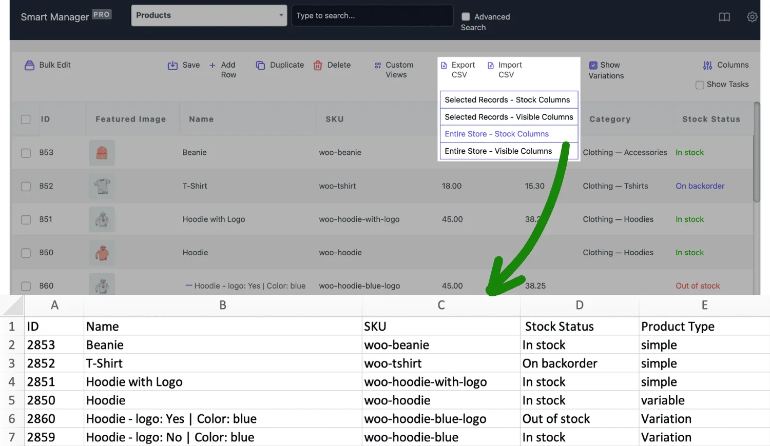 export woocommerce products to CSV