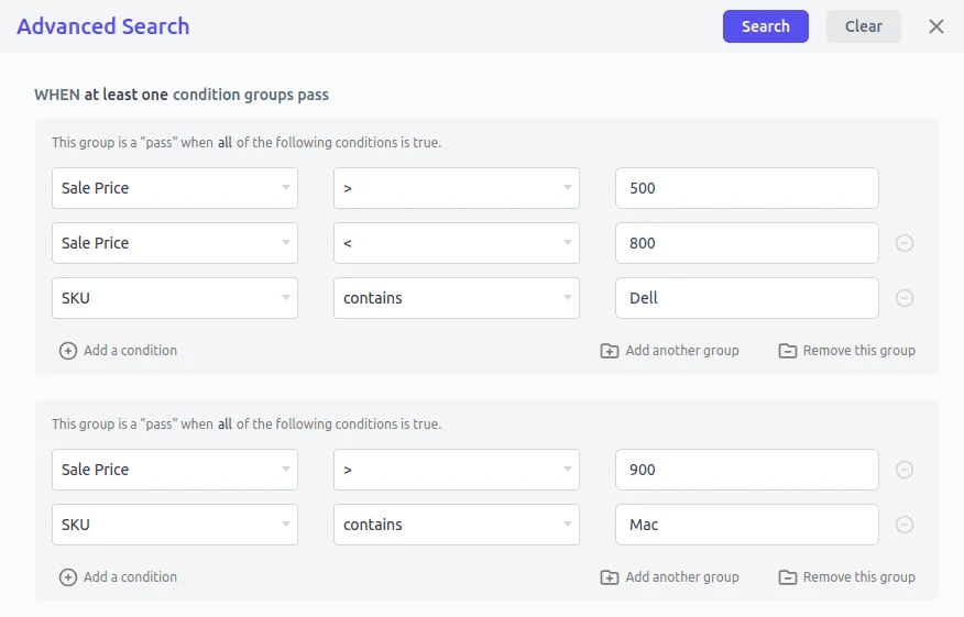 advanced products search and filters