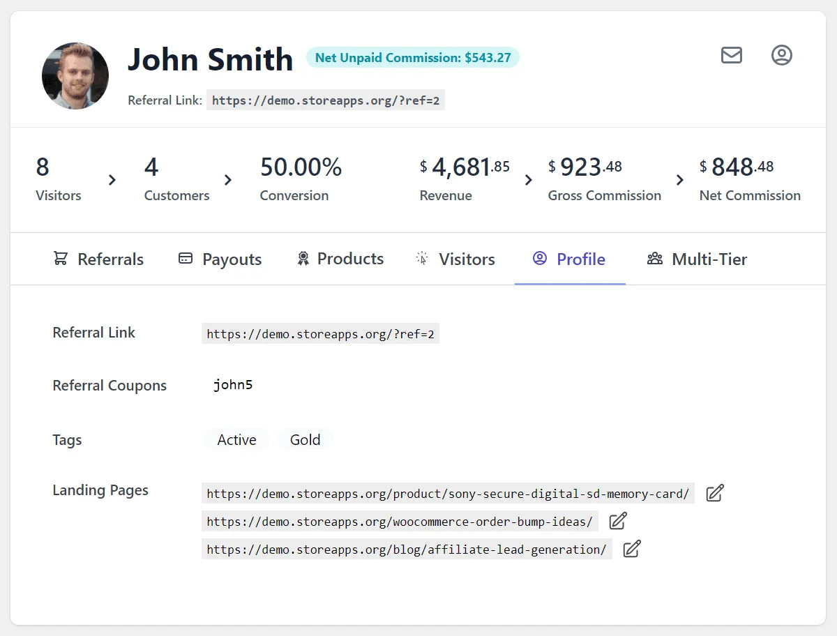 admin dashboard of health and wellness affiliate program by StoreApps