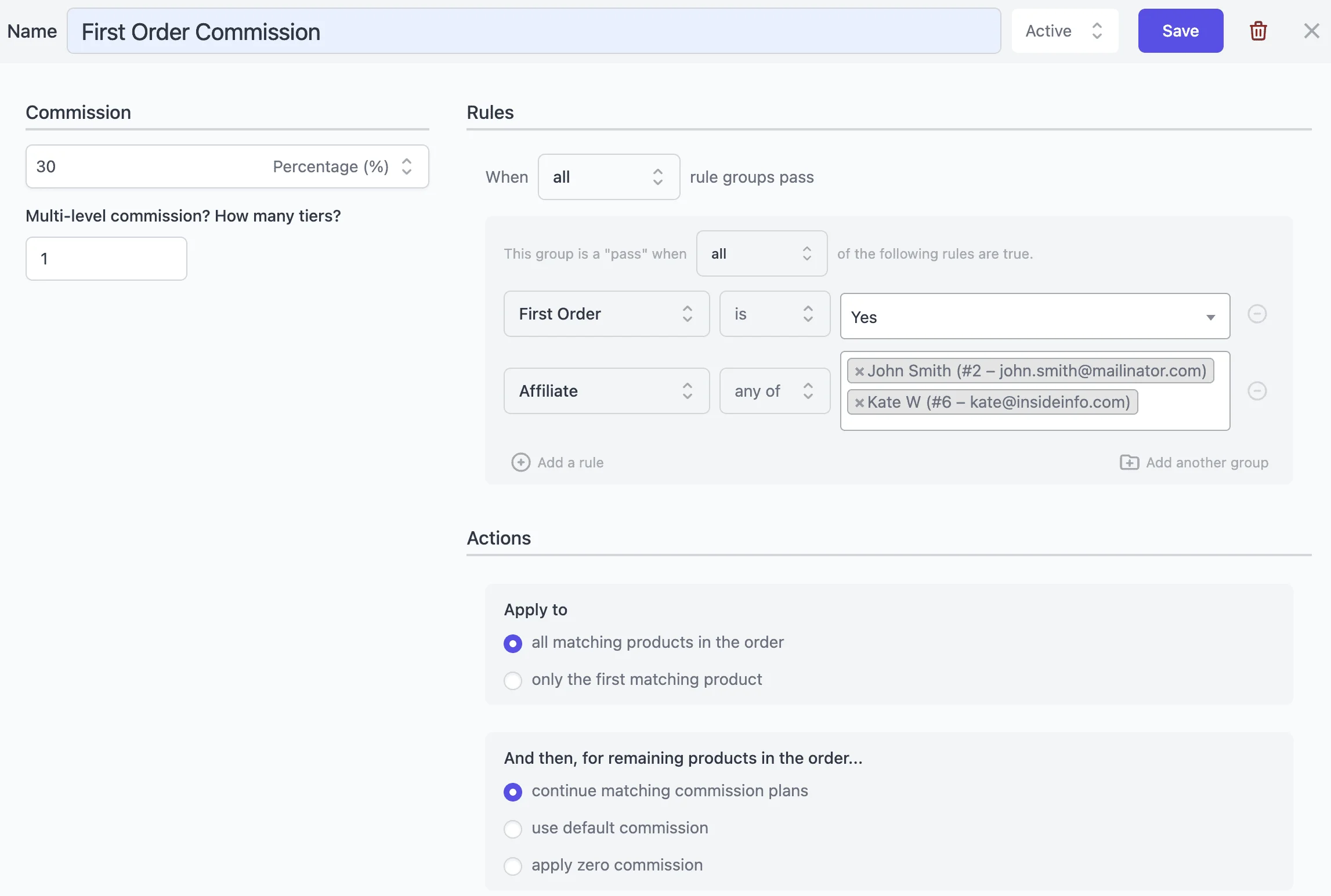 first order specific affiliate commission