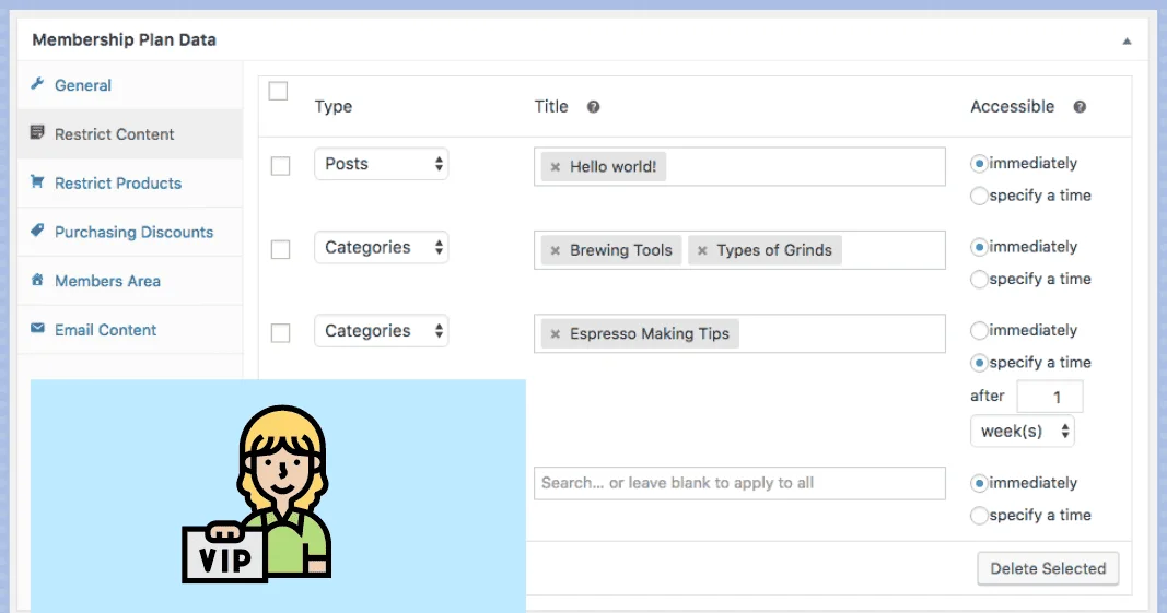 memberships for woocommerce plan settings