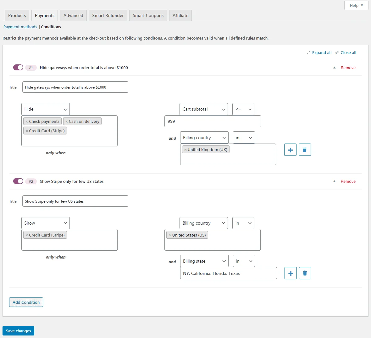 storeapps woocommerce conditional payment methods plugin settings