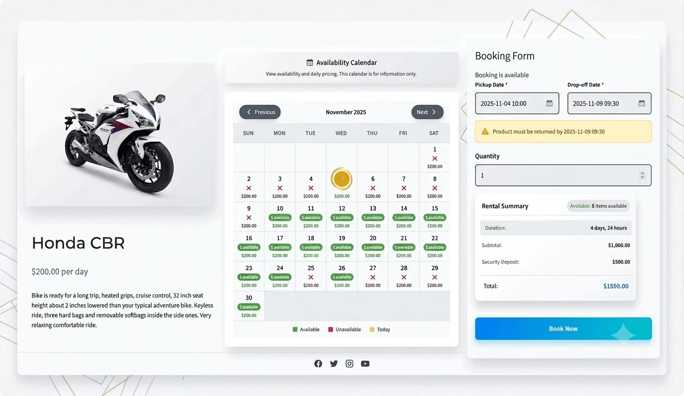 Smart Rentals and Booking Plugin for WooCommerce — live availability calendar on product page