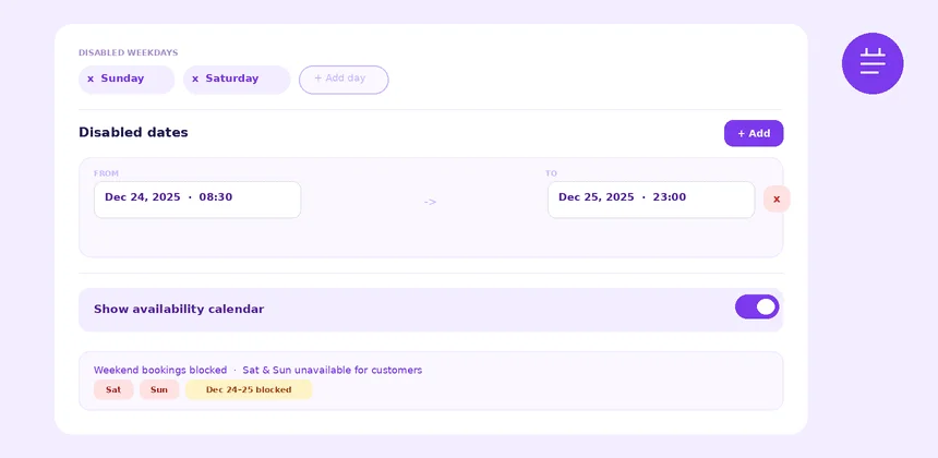WooCommerce rental plugin — disable specific weekdays and custom date ranges on the availability calendar to block bookings automatically