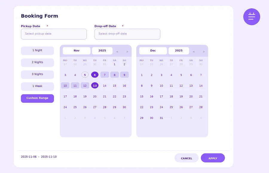 WooCommerce rental plugin date picker showing pickup and drop-off dates with automatic turnaround buffer blocked between bookings